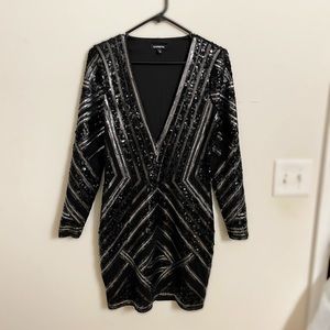 Express V-Black Sequined Mini Dress